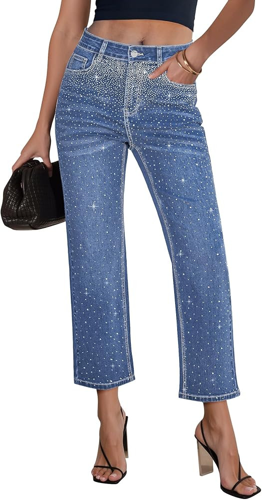 GRAPENT Cropped Jeans for Women High Waisted Straight Leg Embellished Rhinestone Concert Party Ni... | Amazon (US)