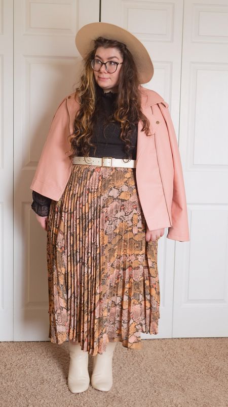 Plus size snake print pastel pink leather jacket outfit