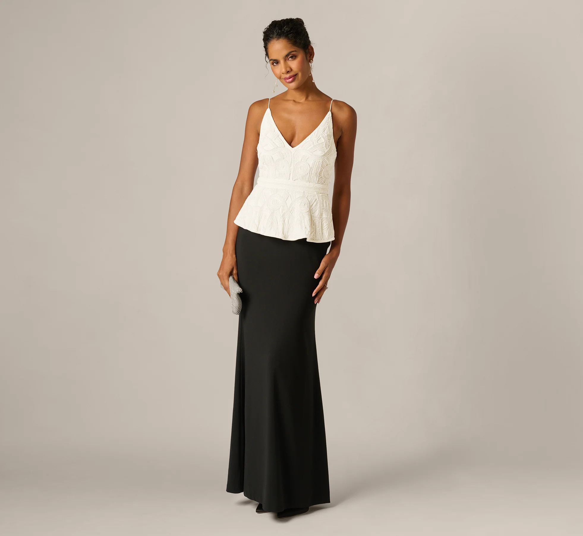 Pearly Beaded Peplum Combo Gown In Black Ivory | Adrianna Papell