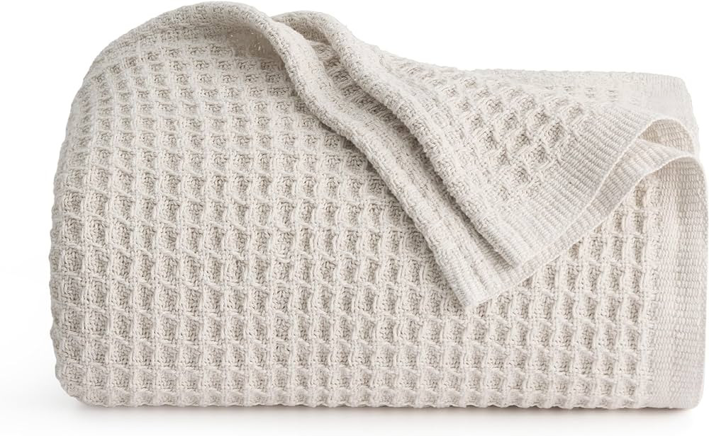 Bedsure 100% Cotton Large Throw Blankets for Couch - Waffle Weave Light Beige/Linen Throw Blanket... | Amazon (US)