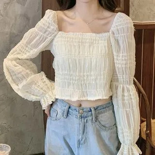 Square-Neck Ruched Puff Long-Sleeve Top | YesStyle Global
