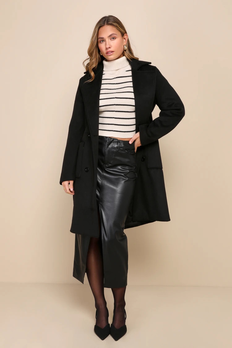 Snowy Sophistication Black Double Breasted Belted Coat | Lulus (US)