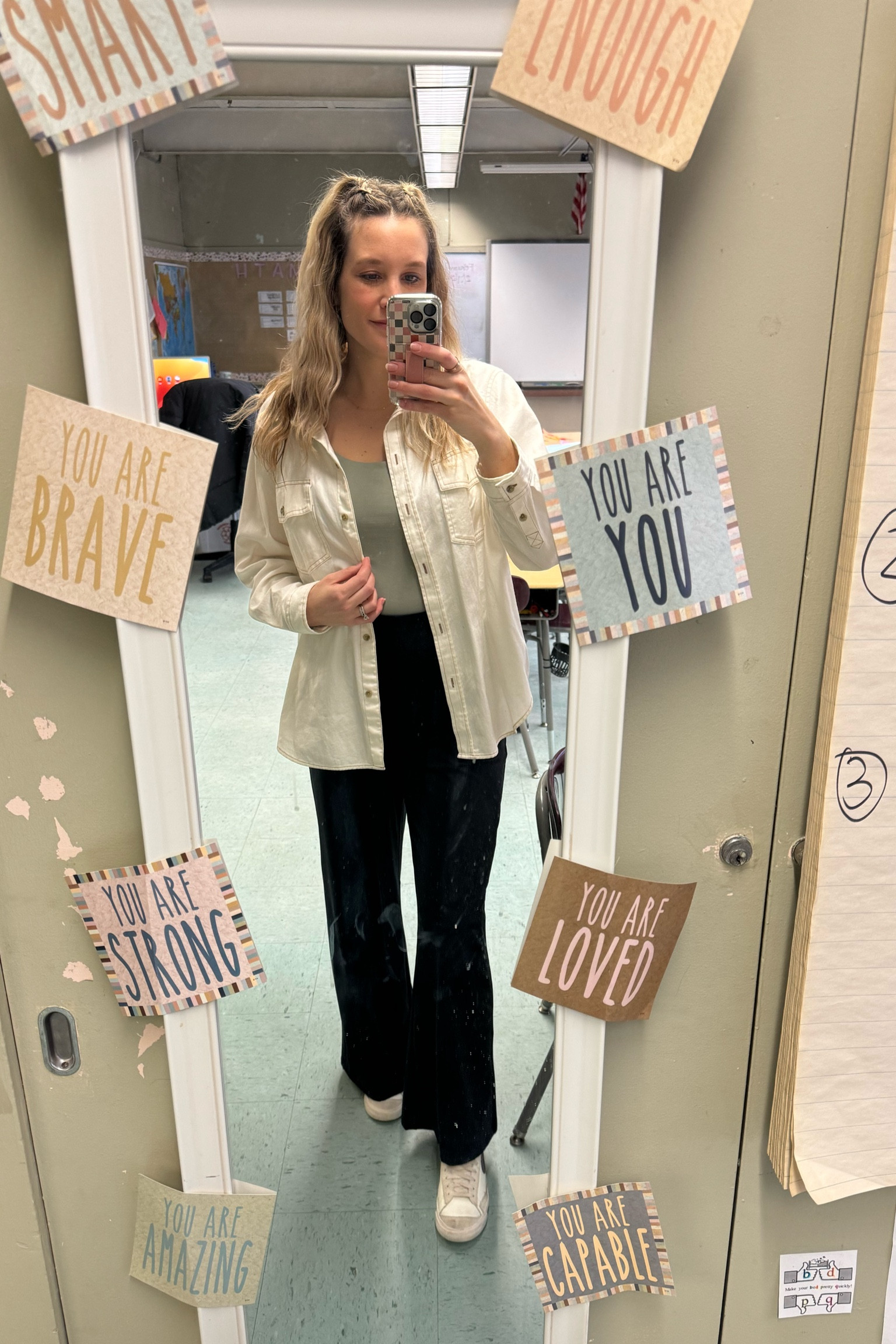 Winter teacher outfit 

Nike sneakers
Old navy pants
Express bodysuit
Aerie button upp

#LTKworkwear #LTKfindsunder50 #LTKmidsize