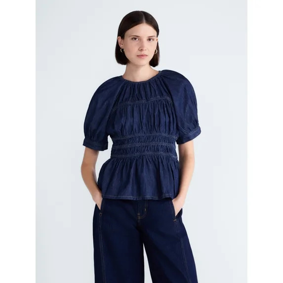 Free Assembly Women's Smocked Denim Top with Peplum Hem, Sizes XS-XXL | Walmart (US)