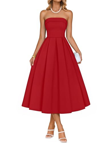 ZESICA Women's Summer Strapless Cocktail Dresses 2026 Elegant Off Shoulder Flowy A Line Wedding Guest Party Midi Dress Red Large | Amazon (US)