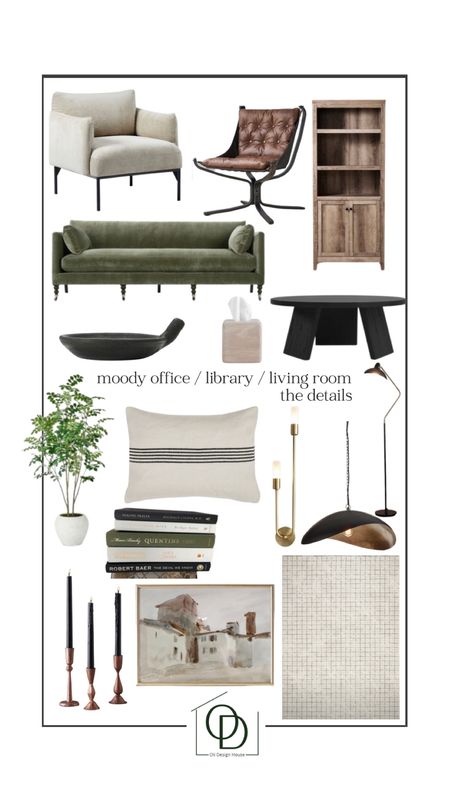 Moody Modern organic library, office, living room. 

Rustic wood bookshelves, green velvet sofa, oversized linen accent chair, black coffee table, artificial tree in pot, leather office chair, modern brass 2 light sconce, Italian villa printable art, black and brass pendant light, checkered area rug, decorative black bowl with handle, metal tapered candle holders, tissue box cover  

#LTKstyletip #LTKhome #LTKFind