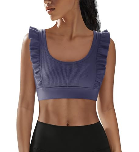 Panadila Women Ruffle Supportive Sports Bras Open Back Workout Tank Tops High Impact Gym Bra Activewear (Greyish Purple,XS) | Amazon (US)