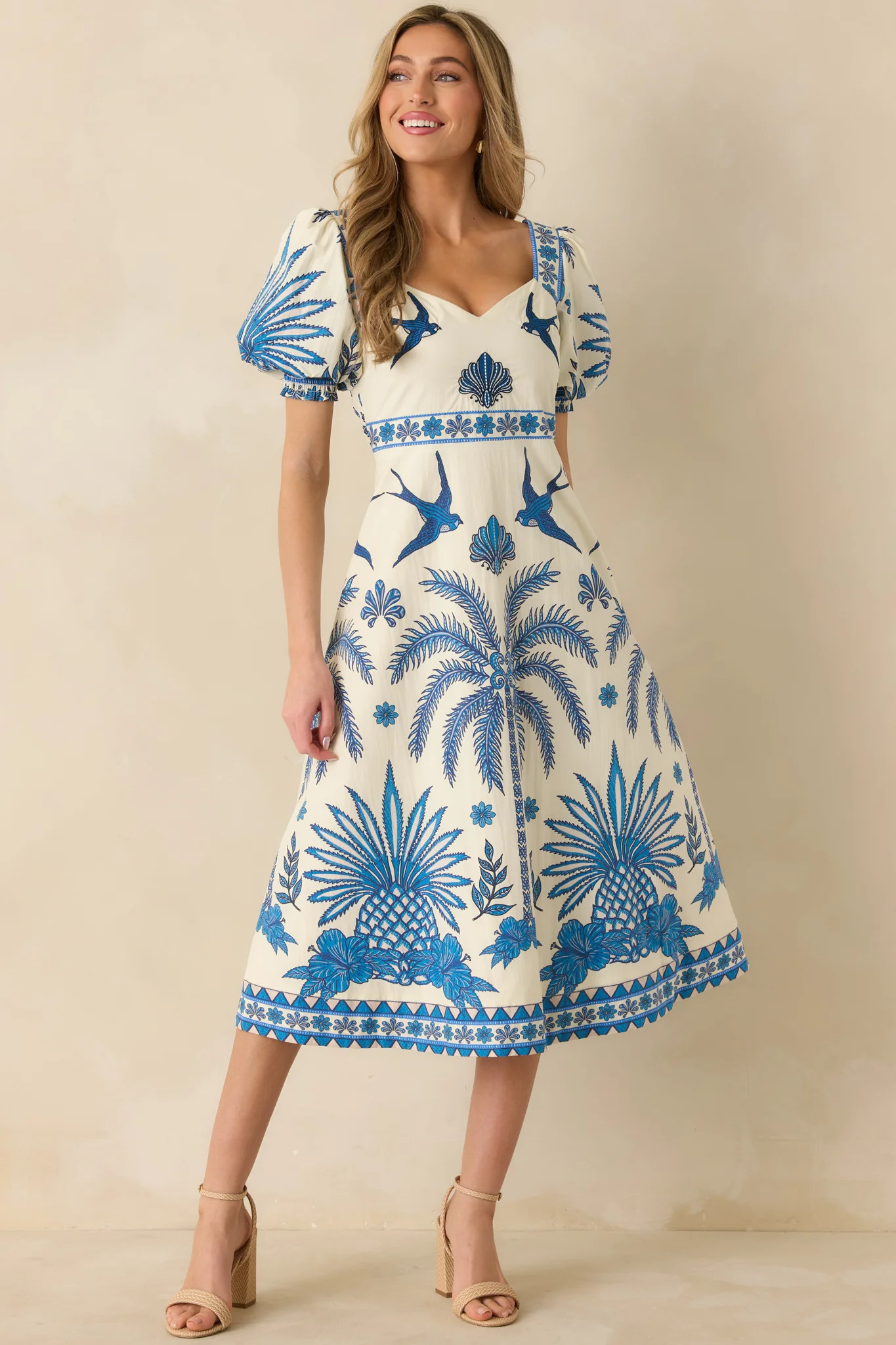 Aylaya Godthab Vibrant Blue & Ivory Cotton Tropical Print Midi Dress | Red Dress