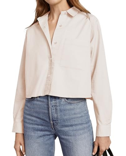 siliteelon Button Down Shirts for Women Cotton Cropped Long Sleeve Button Up Shirts Crop Shirts Tops Blouse with Pocket Beige | Amazon (US)