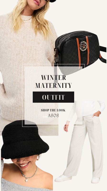 Monochrome winter maternity look in a cream sweater and maternity wide leg pants with a crossbody bag and bucket hat.





#LTKstyletip #LTKfindsunder100 #LTKbump