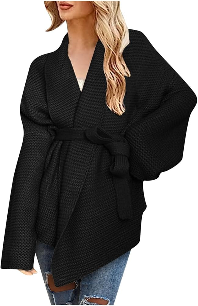 Women's Open Front Belted Wrap Cardigan Sweater Oversize Cable Knit Tops Drop Shoulder Long Sleev... | Amazon (US)