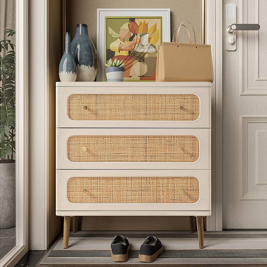 LONYKE Wicker Rattan Chest of Drawers, 3-Drawer Dresser, White Finish Wooden Storage Cabinet, Mod... | Amazon (US)