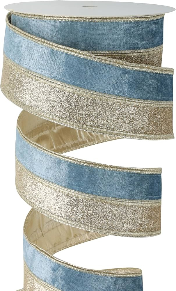 Dusty Blue Velvet Wired Christmas Ribbon 2.5 Inch Blue and Gold Glitter Holiday Ribbon – 10-Yar... | Amazon (US)