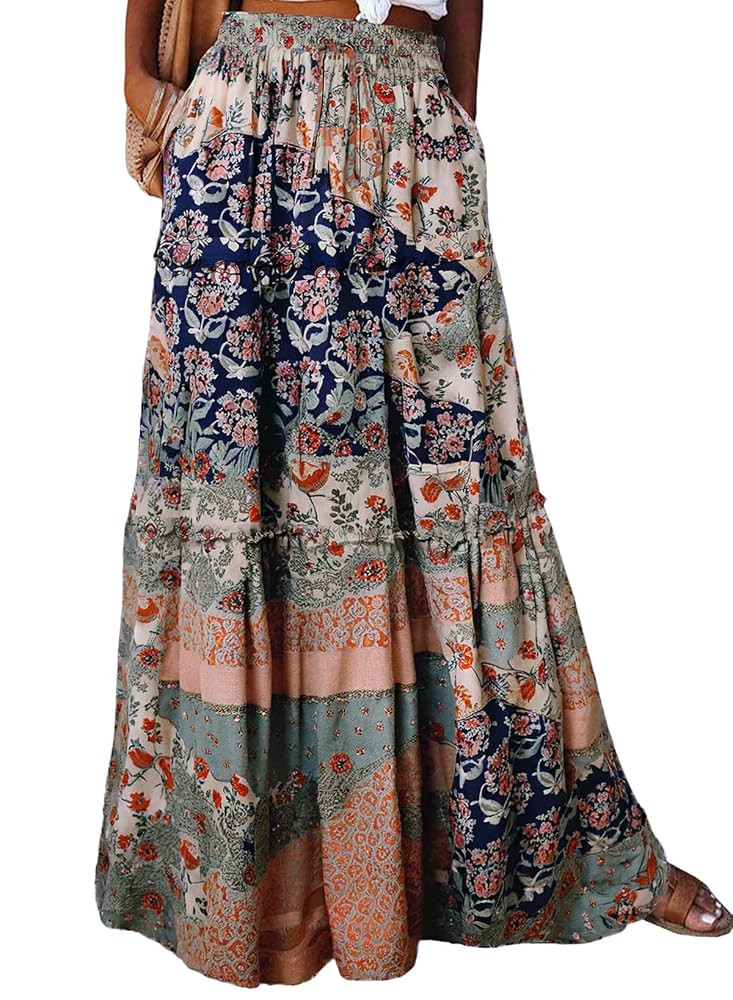 Happy Sailed Womens Floral Print Boho Maxi Skirt Elastic High Waist Pleated Ruffle Flowy Long Ski... | Amazon (US)