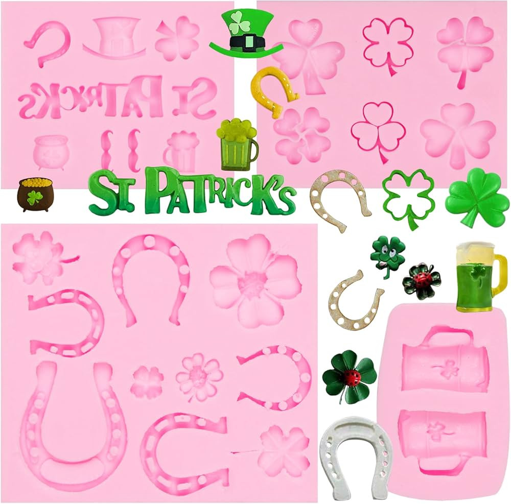 4Pcs St.Patrick's Day Fondant Molds, Shamrock Horseshoe Beer Beard Silicone Molds, Four-Leaf Clov... | Amazon (US)