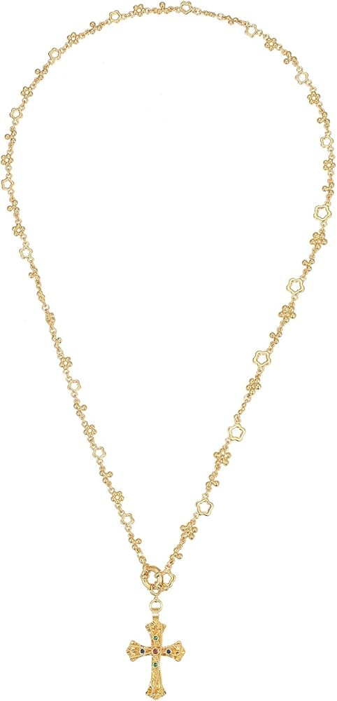 Luxurious Gold-tone Plated Cross Necklace with Multi-Colored Gemstones - Filigree Design with Adj... | Amazon (US)