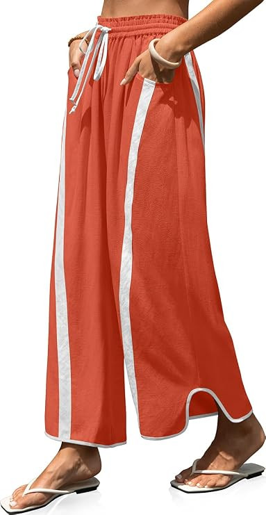 TARSE Womens Linen Wide Leg Pants Baggy Casual Drawstring Elastic Waisted Contrast Color Loose Y2... | Amazon (US)