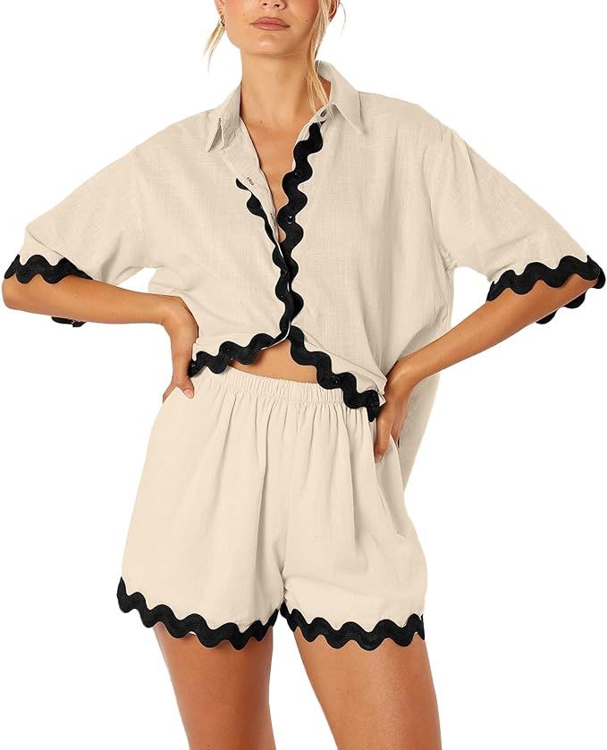 Shiyifa Women's 2 Piece Outfits Button Shirts Lounge Sets High Waist Shorts Set Tracksuit | Amazon (US)