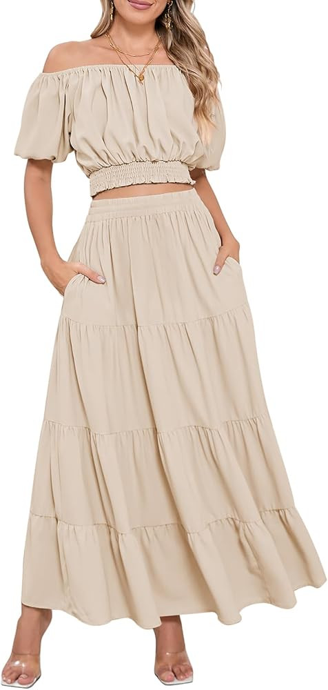 HUUSA 2025 Summer 2 Piece Boho Outfits for Women Short Sleeve Off Shoulder Crop Top and High Wais... | Amazon (US)