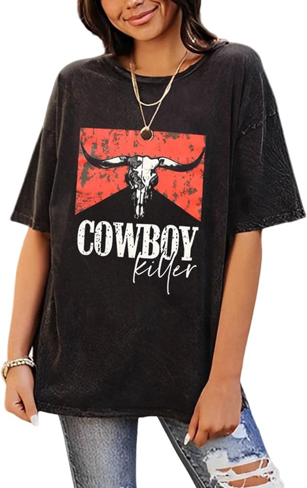 BOUTIKOME Cowboy Killer Shirt for Women Oversized Western Graphic Tees Vintage Cowgirls Loose Top | Amazon (US)
