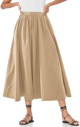 Women’s A-Line Midi Skirts Casual Elastic High Waist Flowy Swing Pleated Beach Boho Long Skirt ... | Amazon (US)