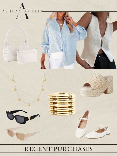  blue top, white vest, white handbag, gold bracelets, gold necklace, sunglasses, ballet flats, summer sandals, summer outfit 

#LTKStyleTip #LTKSeasonal #LTKFindsUnder100