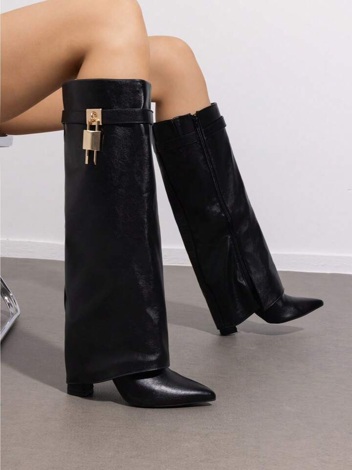 Women's High Heel Fold Over Boots Cuff Padlock Pointed Toe Side Zipper Cool Party Halloween Knee-... | SHEIN