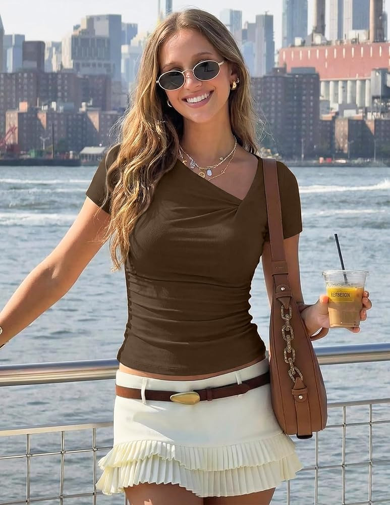 ZESICA Womens Summer Asymmetrical T Shirts Ruched Fitted Short Sleeve Y2K Going Out Tops 2026 Spr... | Amazon (US)