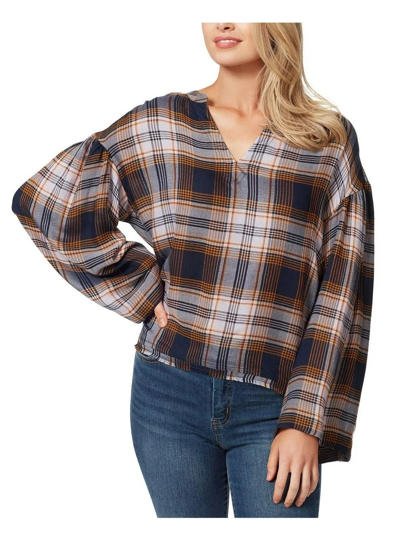 Jessica Simpson Womens Plaid Notch-Neck Pullover Top | Walmart (US)