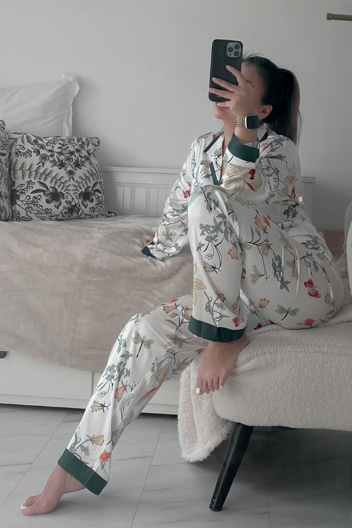 Elegant Floral Print Pajama, Long Sleeve Button Up Lapel Top And Pants Pj  Set, Women's Sleepwear & Loungewear - Temu