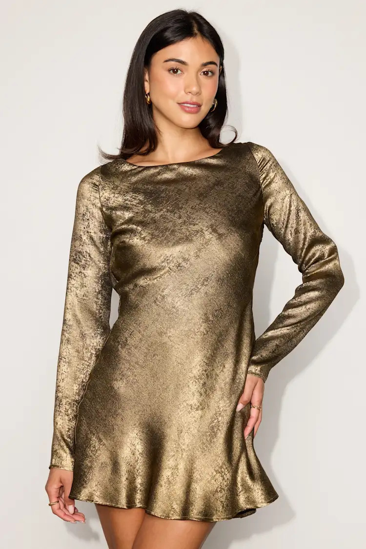 Stellina Gold Metallic Satin Long Sleeve Mini Dress | Lulus