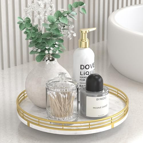 White Marble Lazy Susan Turntable for Table Top – 10” Round Marble Tray Organizer for Bathrroom, Vanity, Dining Table, Kitchen Countertop & Bar, Luxury Stone Serving Tray with Gold Frame | Amazon (US)