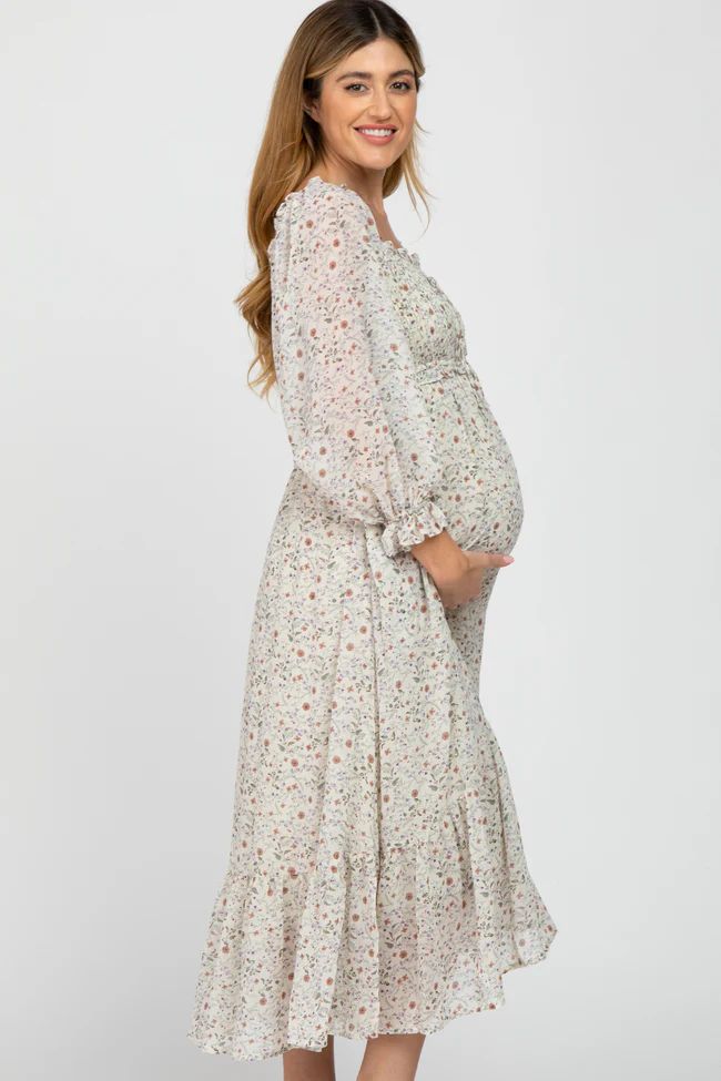 Ivory Floral Smocked 3/4 Sleeve Maternity Dress | PinkBlush Maternity