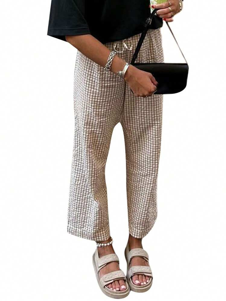 Women Y2K Plaid Pants Summer Casual Drawstring High Waist Straight Leg Trousers Gingham Lounge Pants Streetwear | SHEIN