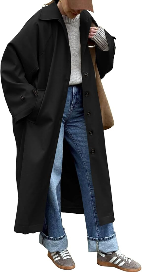 Tankaneo Womens Long Trench Coat Single Breasted Oversized Windproof Classic Lapel Fall Overcoat | Amazon (US)