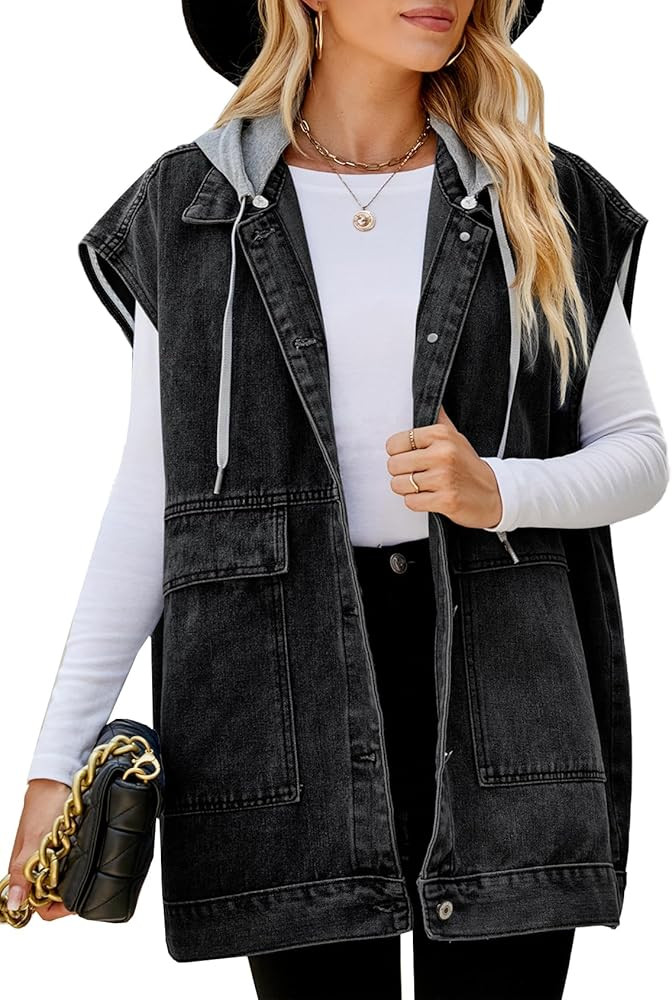 Gratoryna Womens Denim Jean Vest Oversized Sleeveless Button Down Mid Long Denim Jean Jacket | Amazon (US)