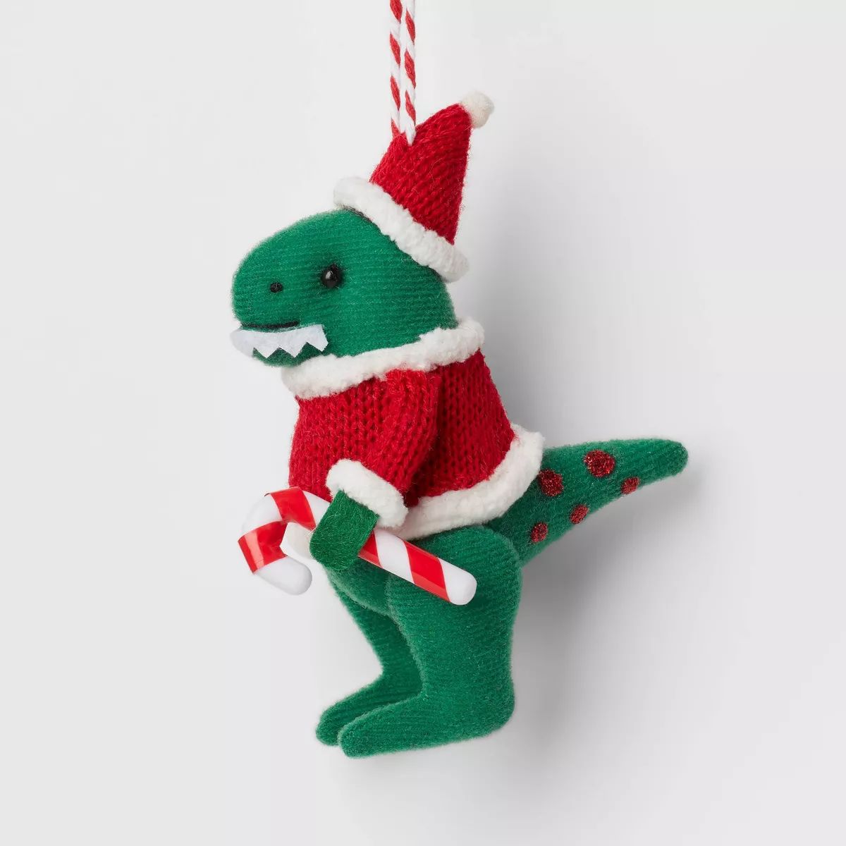Fabric Tyrannosaurus Rex with Candy Cane Christmas Tree Ornament Green/Red - Wondershop™ | Target