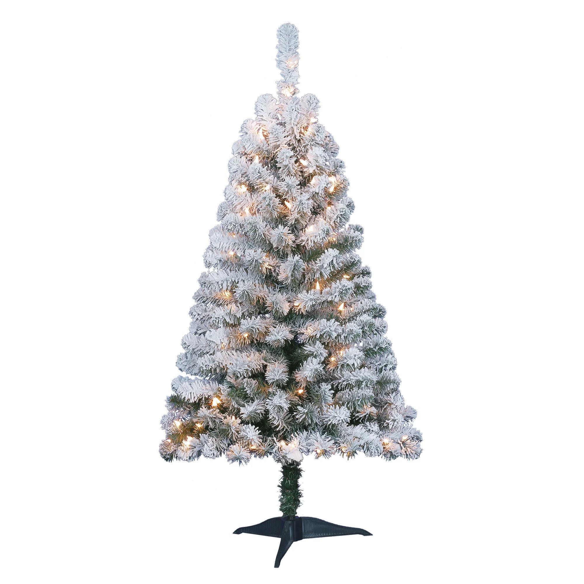 Holiday Time Pre-Lit 4' Greenfield Flocked Pine Green Artificial Christmas Tree, Clear-Lights | Walmart (US)