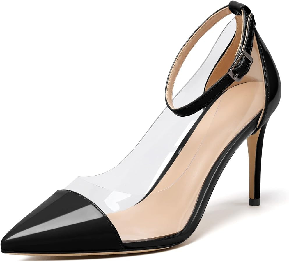 Soireelady Women's Clear Pumps Pointed Toe Ankle Buckle Stiletto Heel Dressy Wedding Shoes 8CM | Amazon (US)