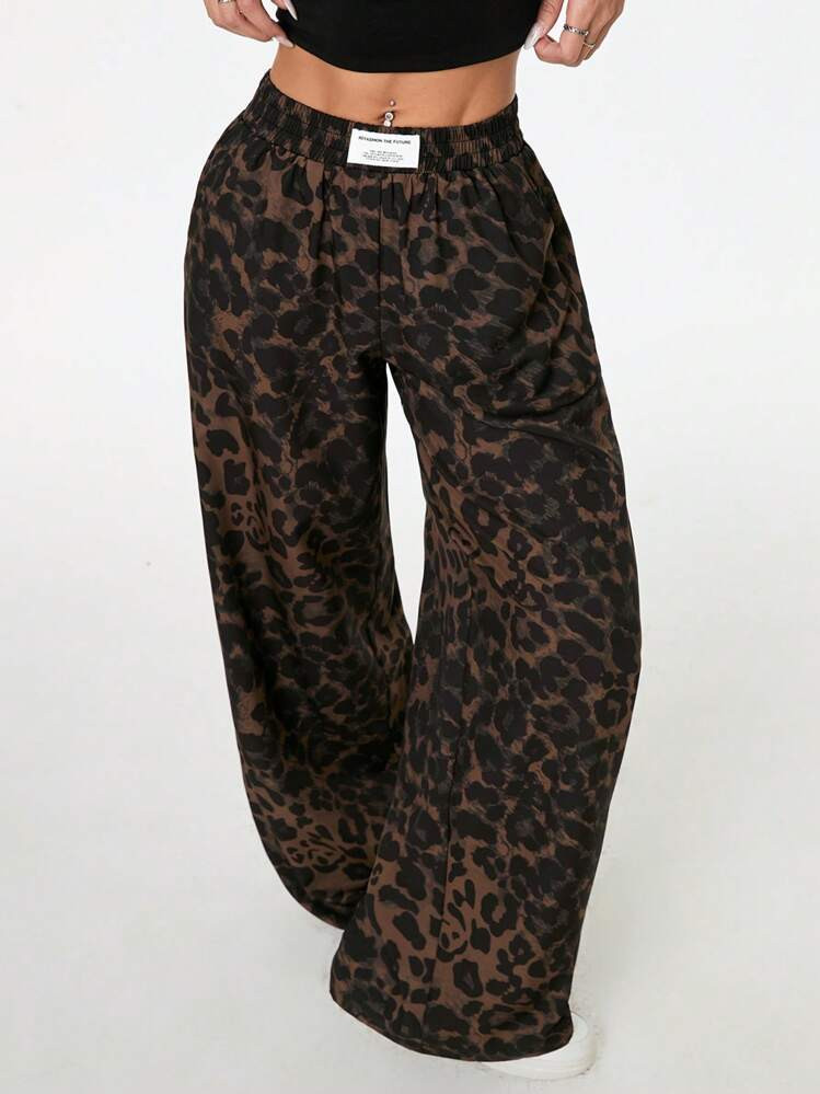SHEIN PETITE Women's Leopard Print Woven Waistband Patchwork Wide Leg Street Trousers Cheetah Pri... | SHEIN