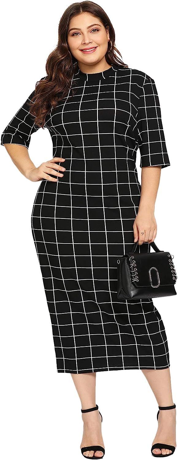 Floerns Women's Short Sleeve Plus Size Gingham Bodycon Business Pencil Dress | Amazon (US)