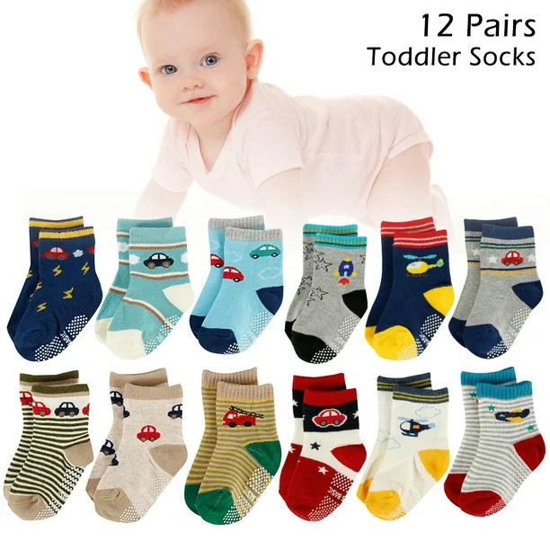 HOTBEST 12 Pairs Baby Anti-Skid Socks Toddler Boy Cute Cotton Ankle Socks with Grips Multicoloure... | Walmart (US)