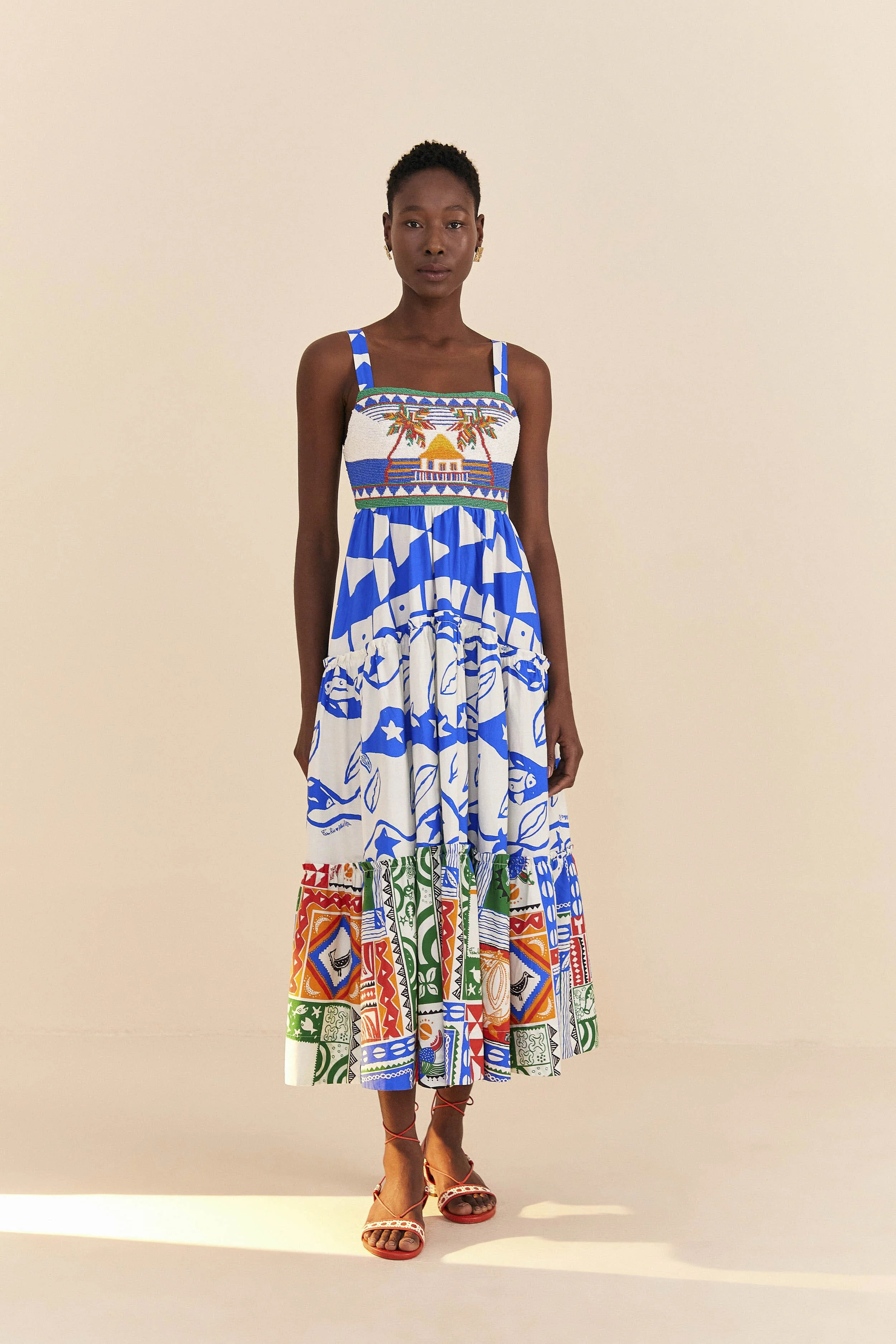 mixed pitta colors organic cotton embroidered midi dress | FarmRio (US)