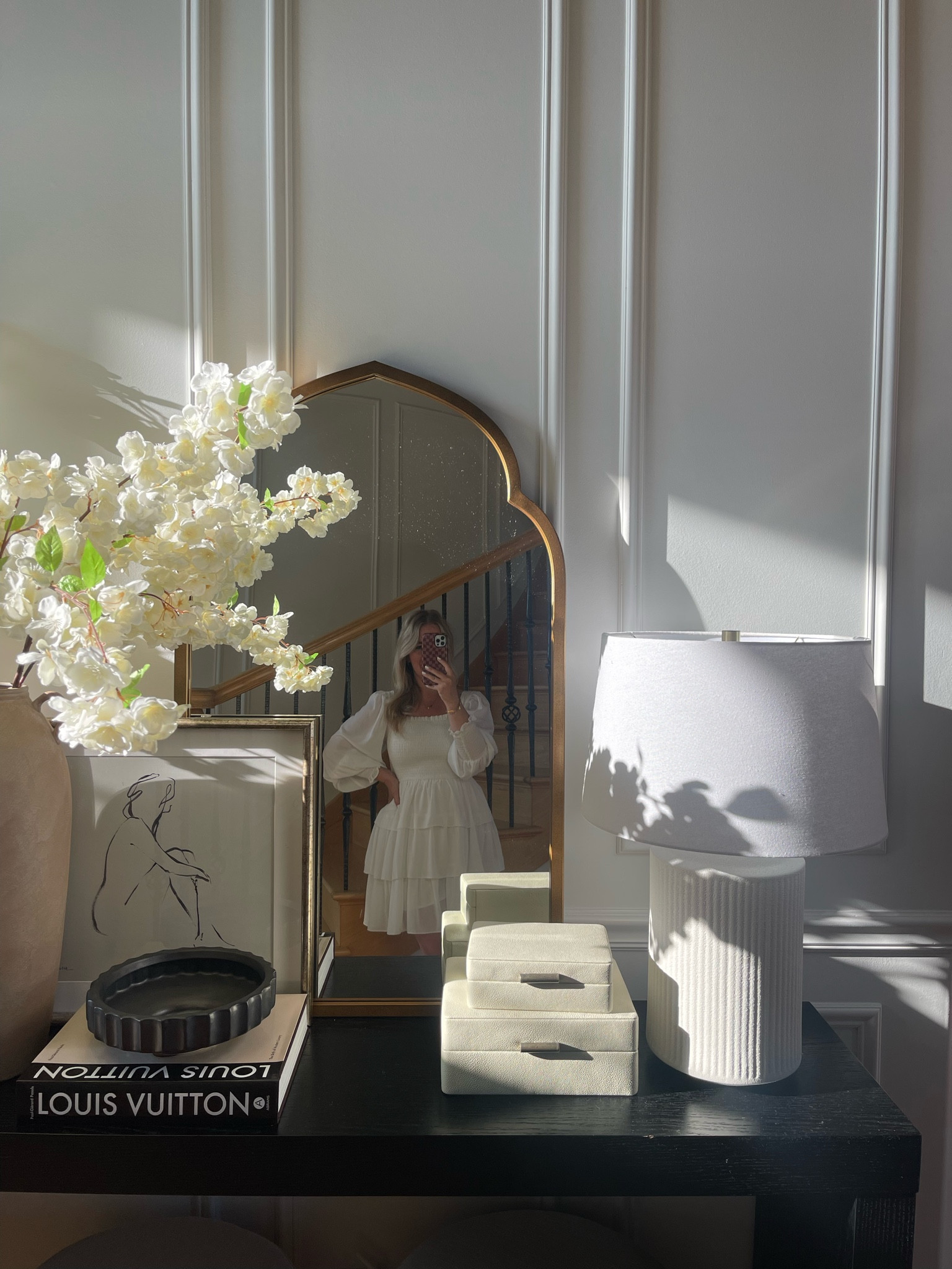 Obsessed with this mirror! The finish is so beautiful, antique brass. 

Mirror, console table, console table styling, cherry blossom, home decor, 

#LTKsalealert #LTKFind #LTKhome
