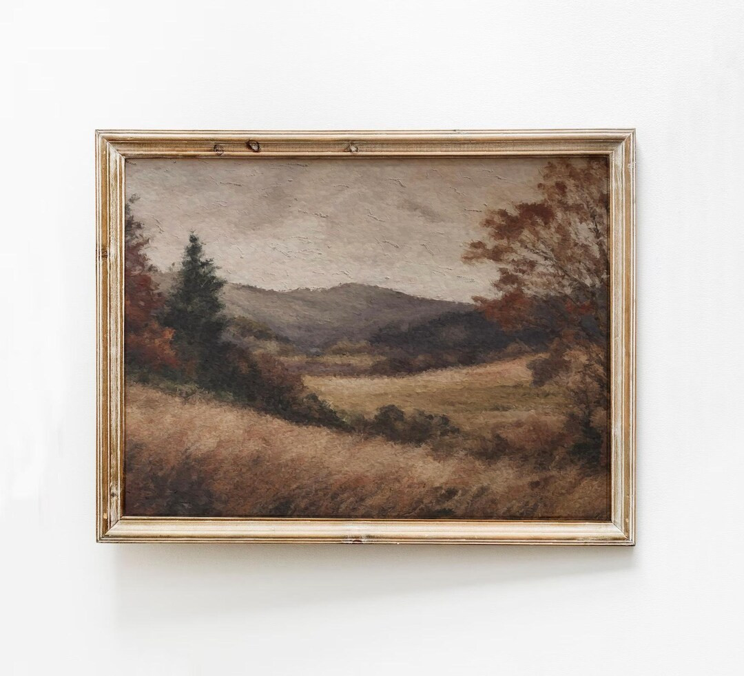 Dark Moody Fall Print, Brown Vintage Landscape Wall Art, Rustic Mountain Decor, Autumn Maroon Hil... | Etsy (US)