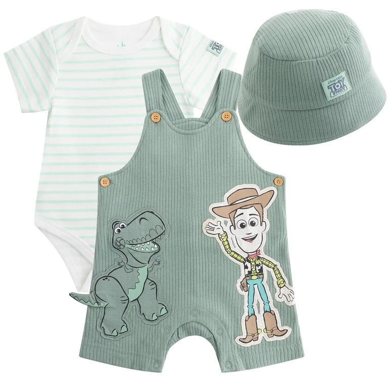Disney Toy Story Woody Rex Shortall Ribbed Overalls Bodysuit and Bucket Hat (Baby Boys), 3 Piece ... | Walmart (US)
