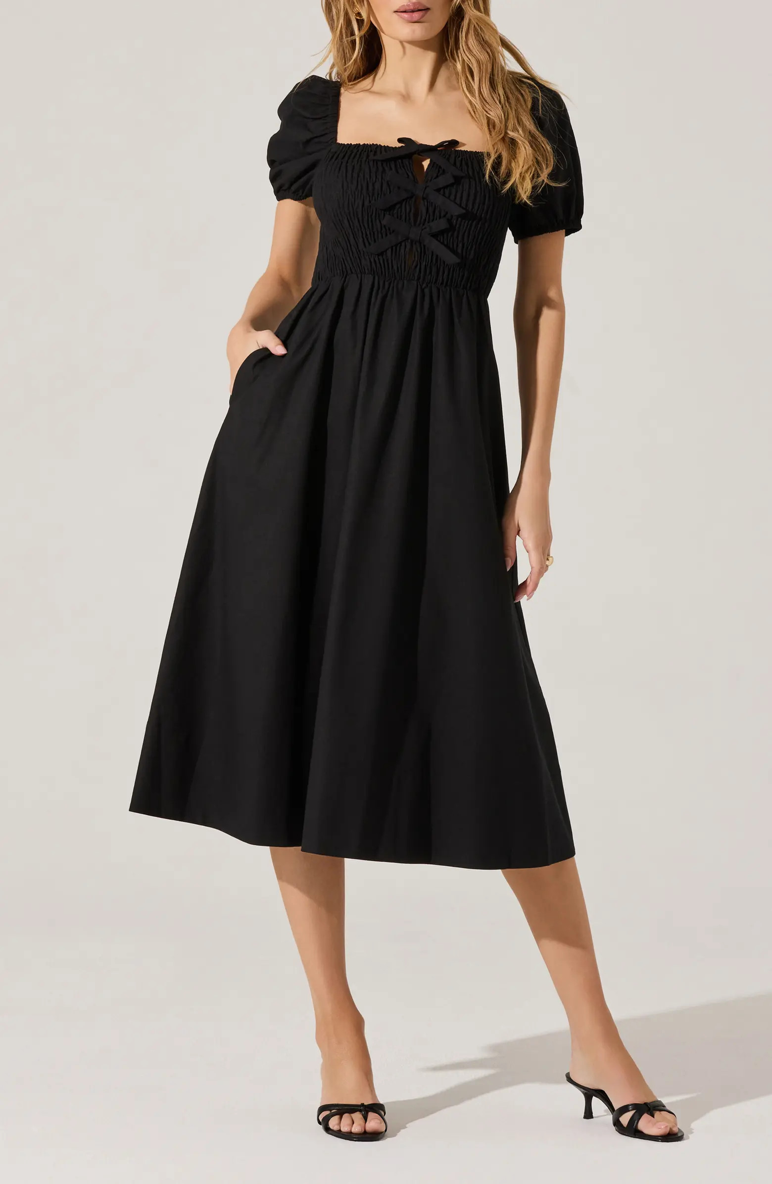 Bow Detail Smock Bodice Cotton Blend Dress | Nordstrom Rack