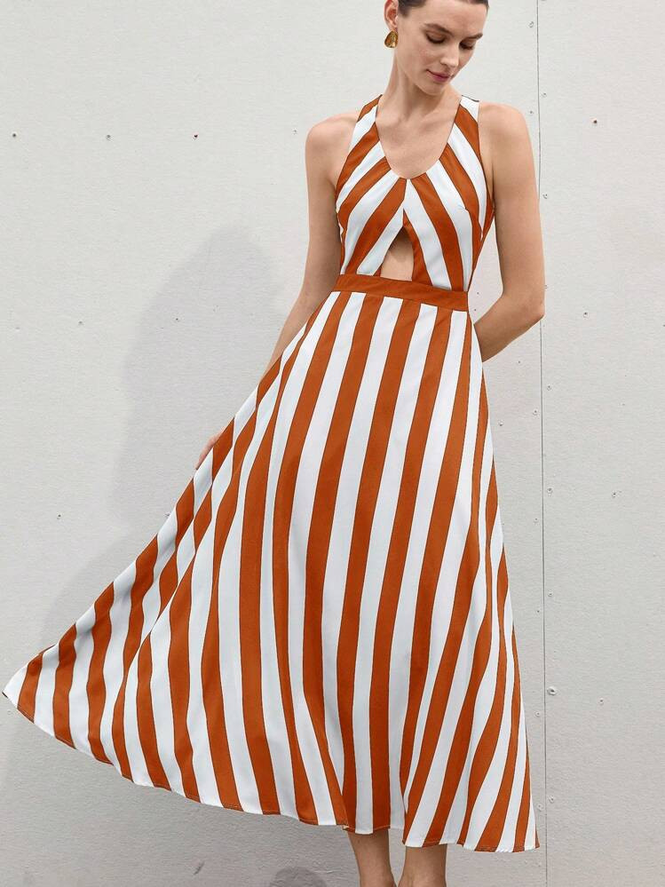 Aveloria Modichic New French Style Vacation Chic Elegant Women Minimalist Wide Stripe U-Neck Waist Hollow Criss-Cross Backless Design A-Line Dress, Slimming | SHEIN