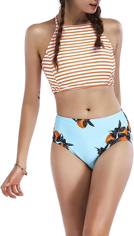 Macolily Juniors Bandeau High Neck Bikini Top Cross Tie Back MId Waist Bikini Bottom Swimsuit | Amazon (US)
