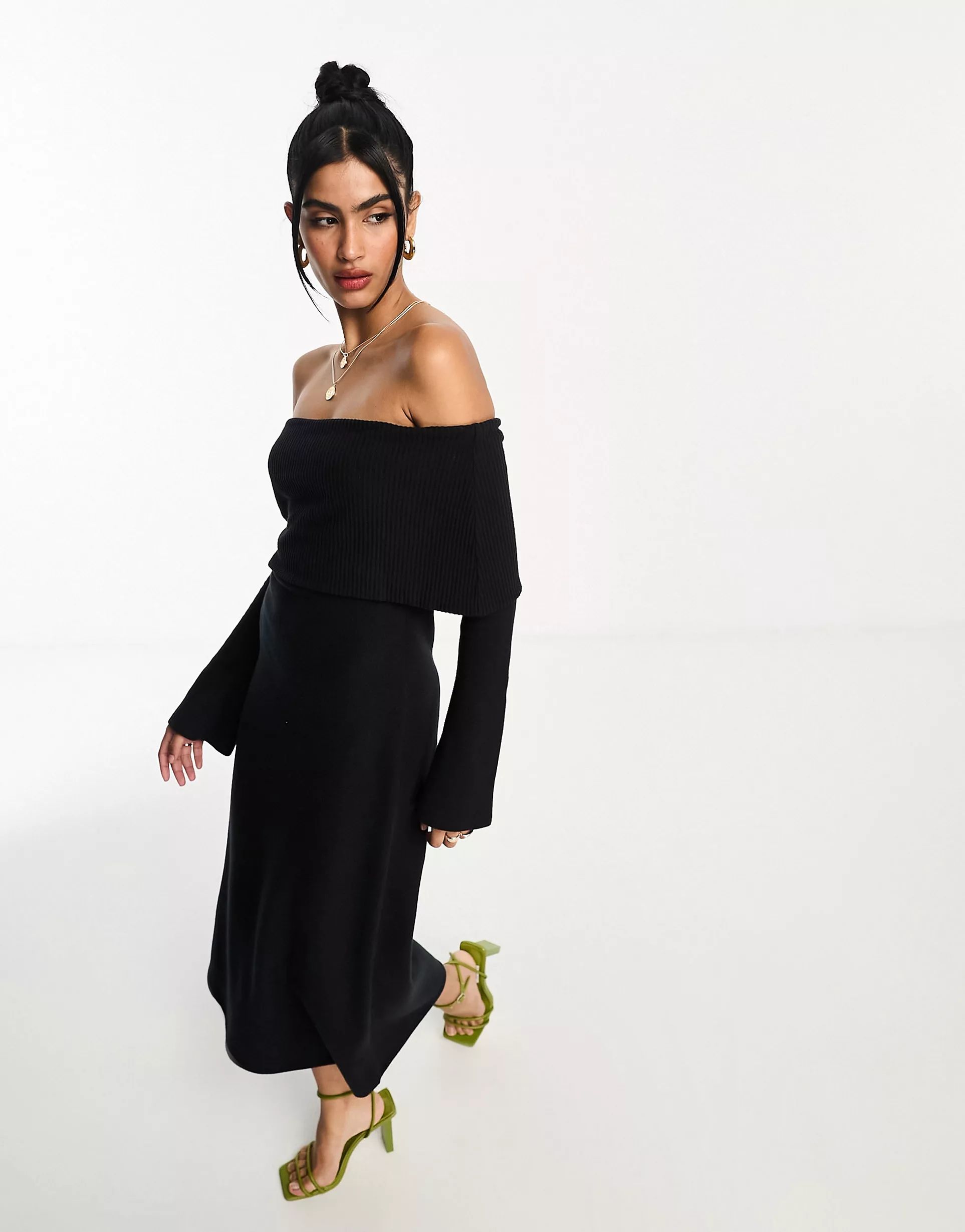 ASOS DESIGN super soft bardot midi dress with flare sleeve in black | ASOS (Global)